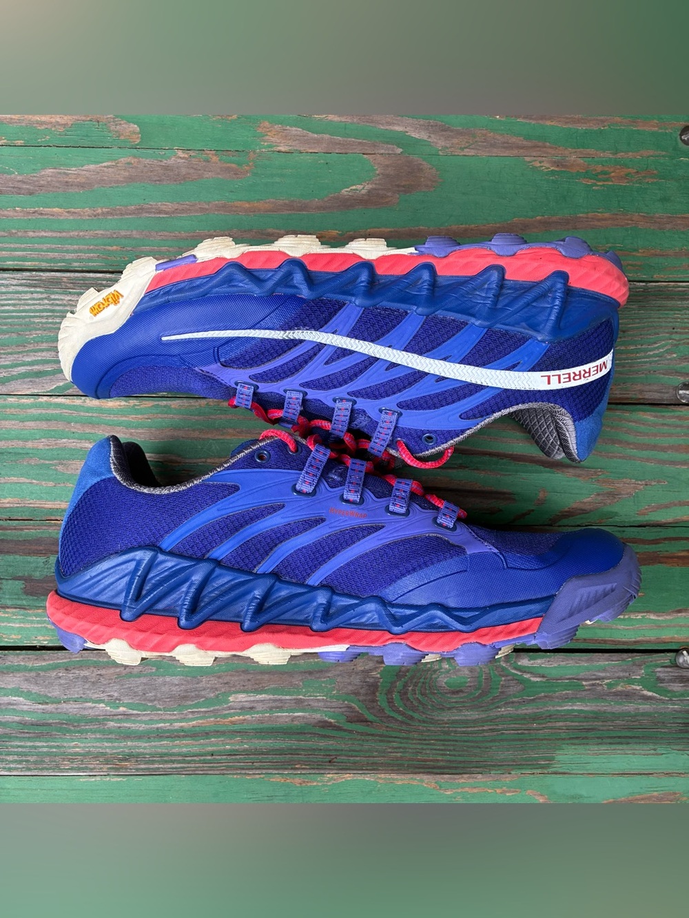 Merrell All Out Peak Womens Trail Running Shoes Royal Blue Orange Sz 9.5 Vibram